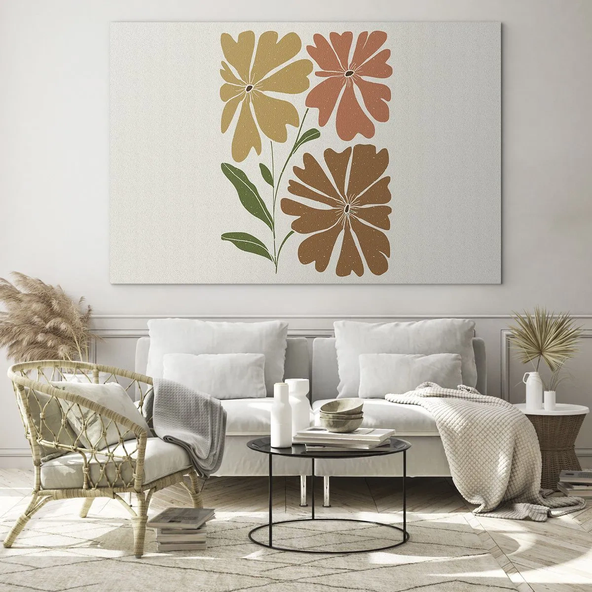 Impression sur verre - Image sur verre - Trois fleurs stylisées aux couleurs chaudes sur fond clair - 70x50cm - Nature et géométrie - Décoration murale moderne pour le salon et la chambre ARTTOR