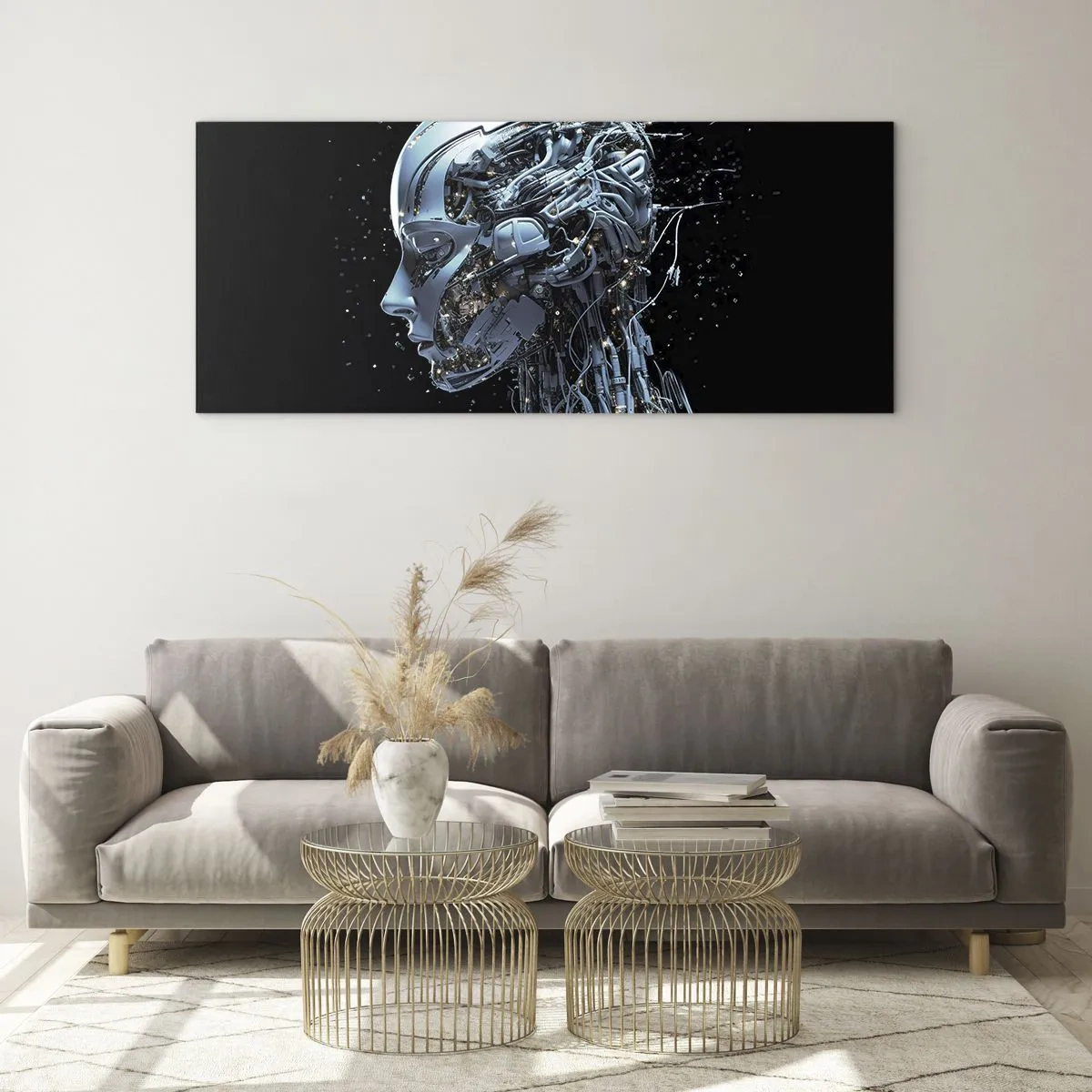 Impression sur verre - Image sur verre - Portrait futuriste d'un cyborg dans un style industriel sur fond noir. - 160x50cm - La technologie est une femme - Décoration murale moderne pour le salon et la chambre ARTTOR