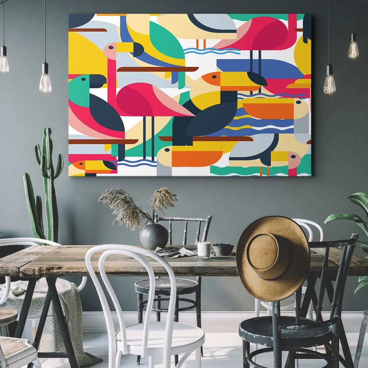 Impression sur toile - Image sur toile - Oiseaux colorés dans une composition abstraite et géométrique - 100x70cm - Fête des oiseaux - Décoration murale moderne pour le salon et la chambre ARTTOR