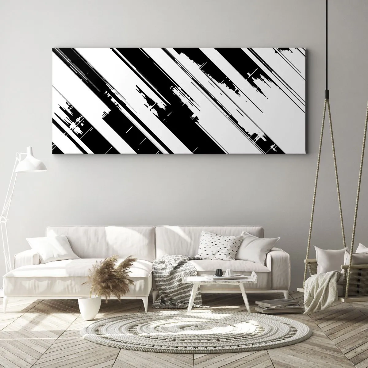 Impression sur toile - Image sur toile - Lignes noires et blanches et motifs géométriques dans un style moderne - 160x50cm - Une composition intense et dynamique - Décoration murale moderne pour le salon et la chambre ARTTOR