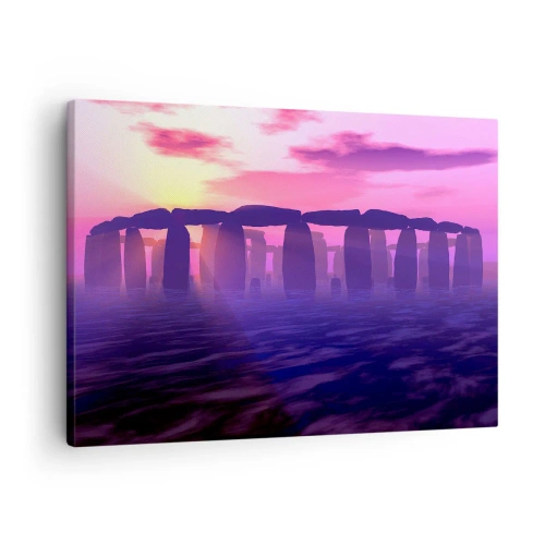 Impression sur toile - Image sur toile - Cercle de pierres au coucher du soleil avec un ciel violet - 70x50cm - Mystère à l'aube dans le brouillard - Décoration murale moderne pour le salon et la chambre ARTTOR