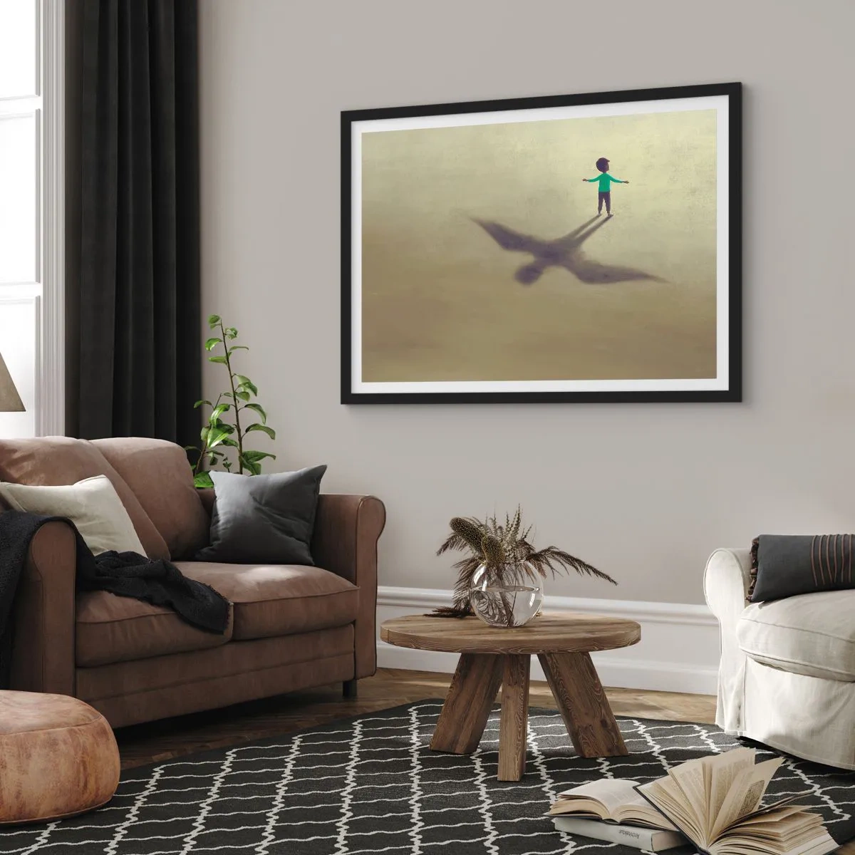 Affiche dans un cadre noir - Poster - Une figure symbolique d'un enfant avec l'ombre d'un oiseau sur un fond aux tons chauds. - 70x50cm - Héros du futur - Décoration murale moderne pour le salon et la chambre ARTTOR