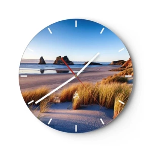 Horloge murale - Pendule murale - Plage de sable au coucher du soleil avec vue sur les rochers - 30x30cm - Pour les chercheurs de paix - Décoration murale moderne pour le salon, la cuisine et la chambre ARTTOR