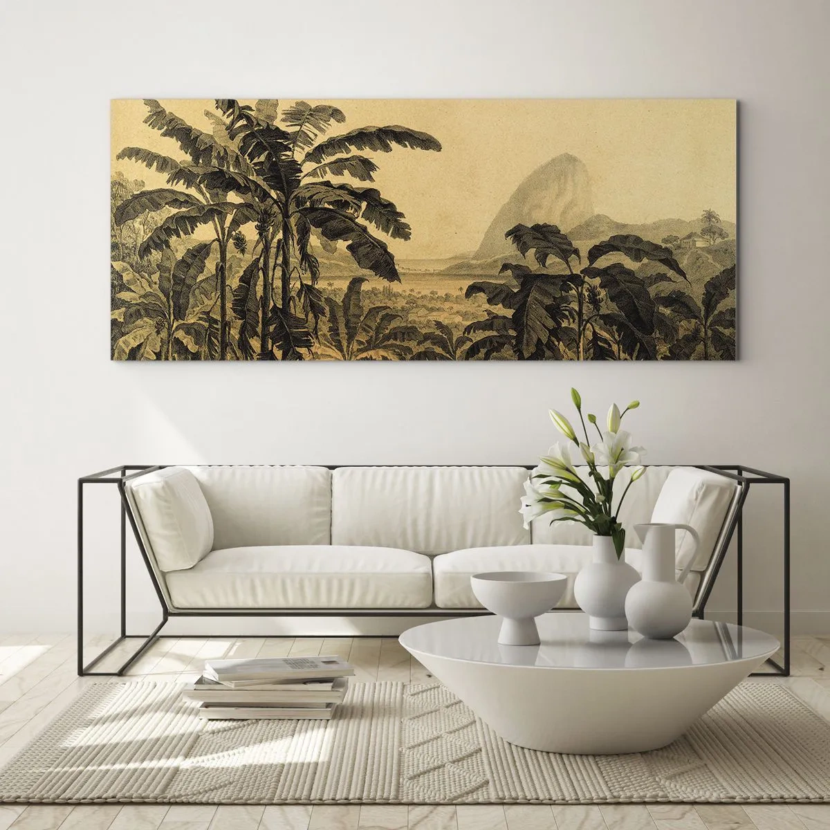 Impression sur verre - Image sur verre - Dessin de bananiers sur fond de paysage tropical - 140x50cm - Dans un climat colonial - Décoration murale moderne pour le salon et la chambre ARTTOR