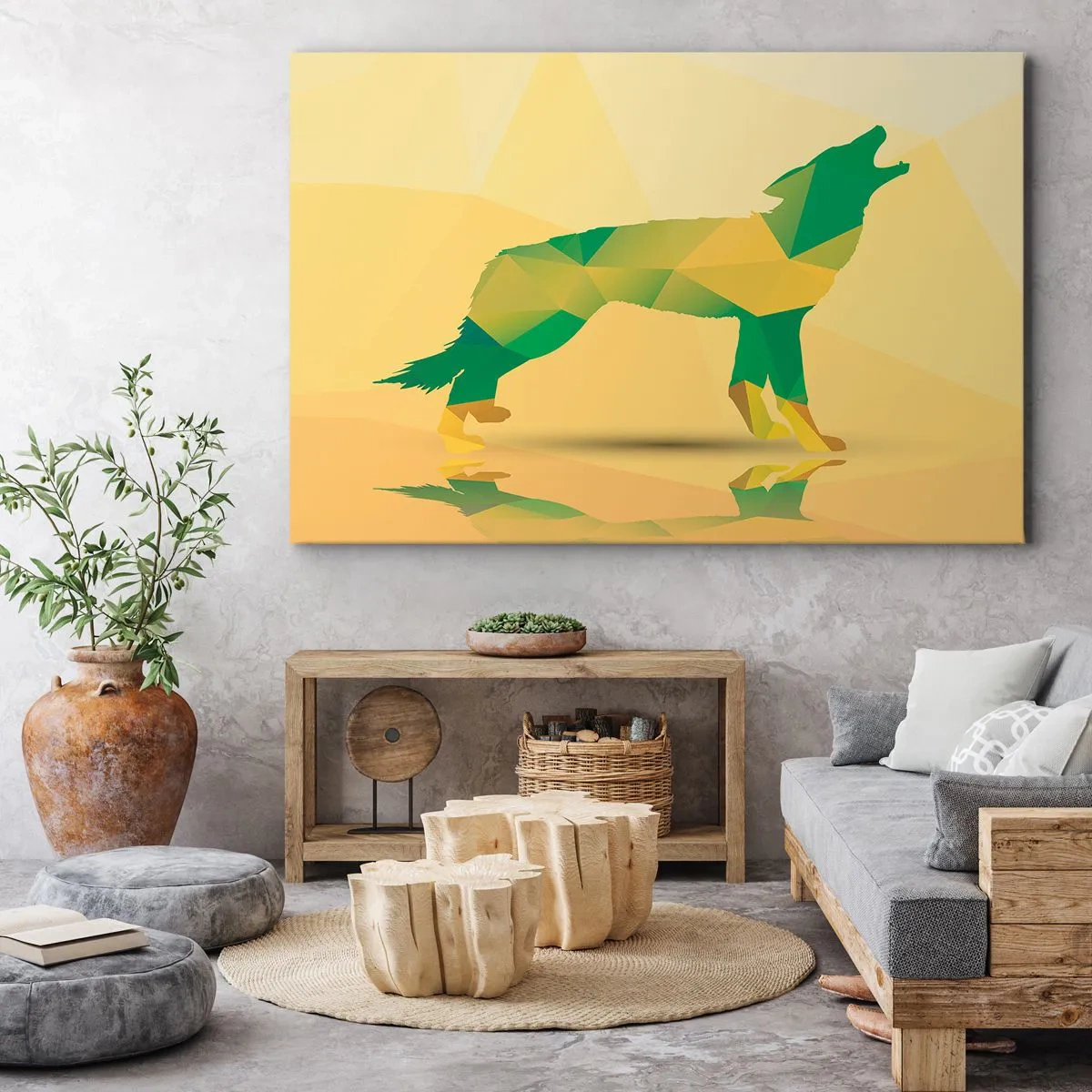 Impression sur toile - Image sur toile - Silhouette de loup géométrique dans les tons verts et jaunes - 100x70cm - Loup solitaire - Décoration murale moderne pour le salon et la chambre ARTTOR