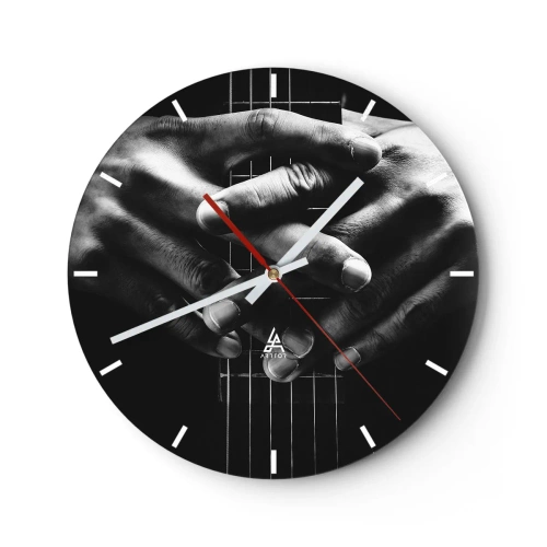 Horloge murale - Pendule murale - Gros plan de mains tenant un manche de guitare en noir et blanc - 30x30cm - Prière d'artiste - Décoration murale moderne pour le salon, la cuisine et la chambre ARTTOR