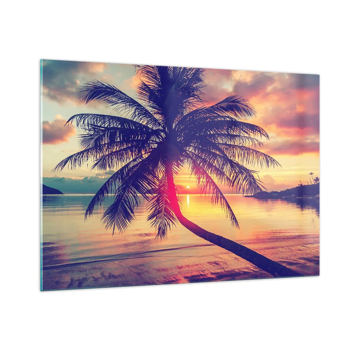 Impression sur verre - Image sur verre - Palmier au coucher du soleil sur une mer calme - 100x70cm - Soirée sous les palmiers - Décoration murale moderne pour le salon et la chambre ARTTOR
