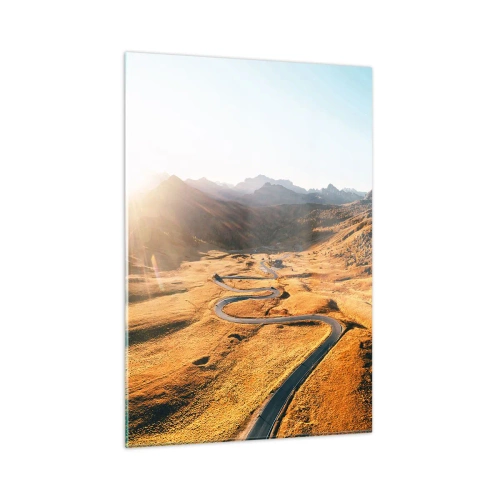 Impression sur verre - Image sur verre - Une route sinueuse dans une vallée dorée éclairée par le soleil - 50x70cm - Dans une vallée dorée - Décoration murale moderne pour le salon et la chambre ARTTOR
