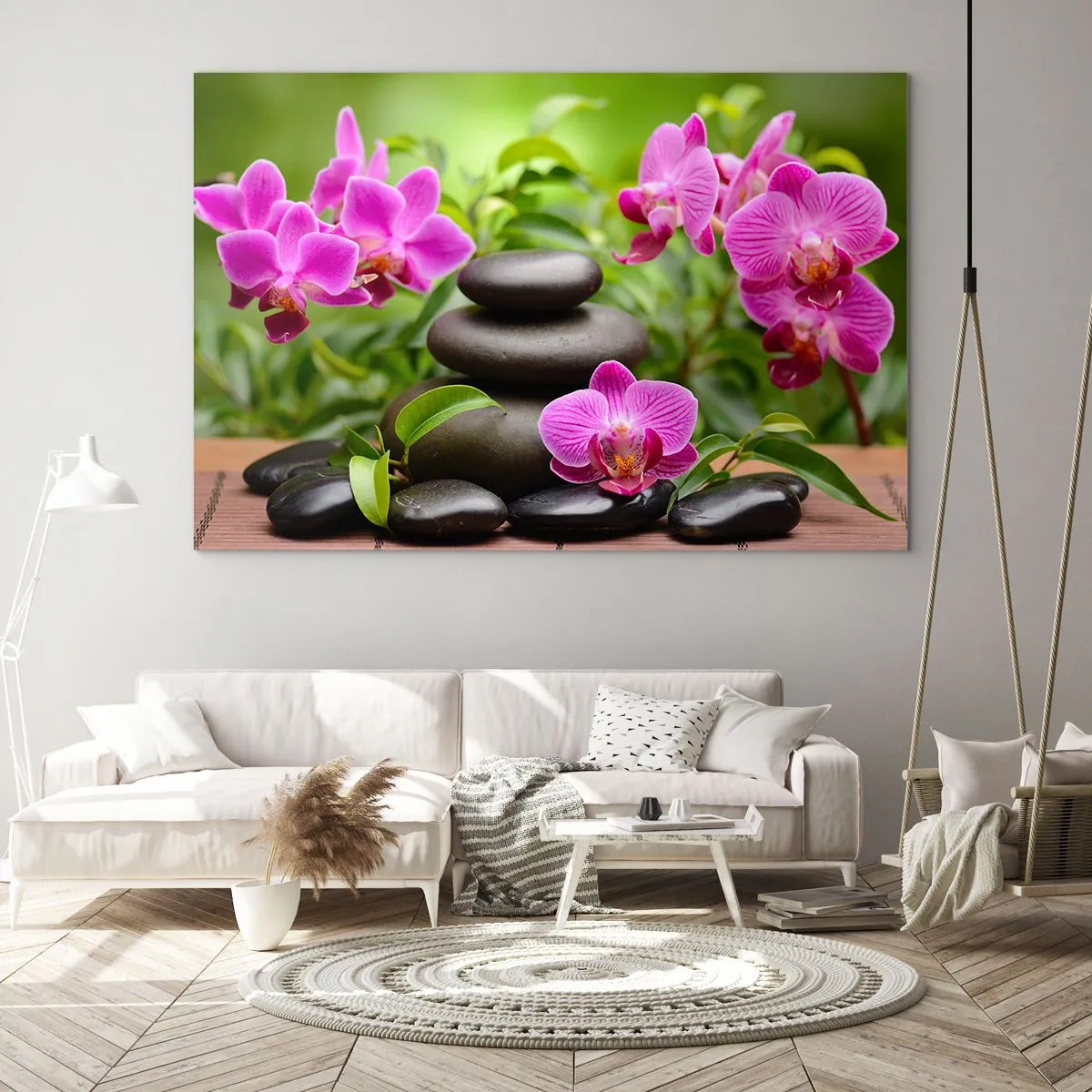 Impression sur verre - Image sur verre - Orchidées roses et pierres noires dans un cadre tranquille - 70x50cm - Pyramide de la Paix - Décoration murale moderne pour le salon et la chambre ARTTOR