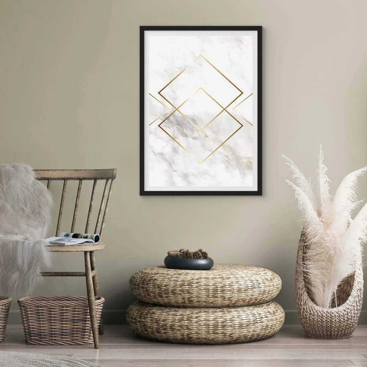 Affiche dans un cadre noir - Poster - Géométrie en lignes dorées sur fond de marbre - 50x70cm - Vue à l'infini - Décoration murale moderne pour le salon et la chambre ARTTOR