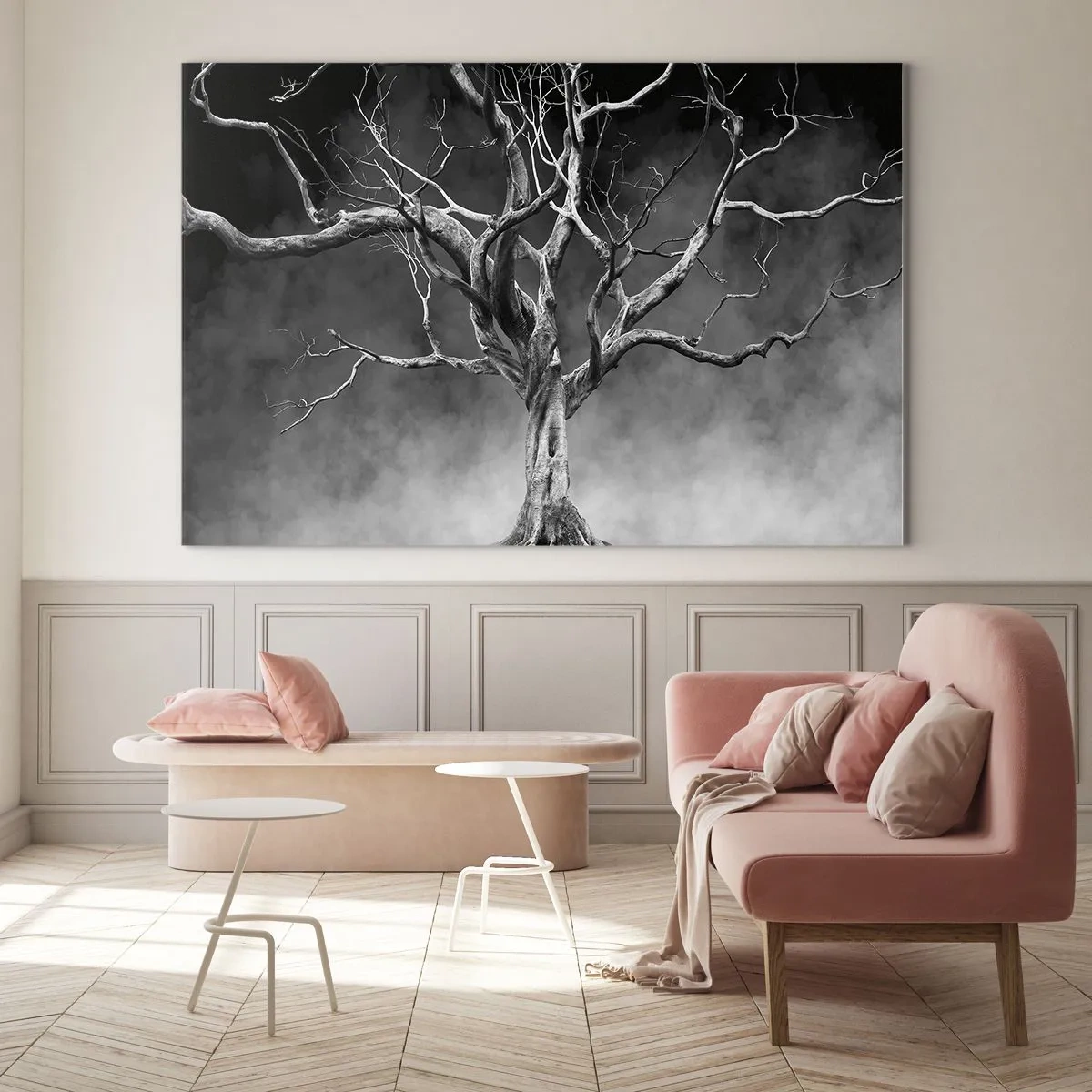 Impression sur verre - Image sur verre - Arbre noir contre le brouillard - 70x50cm - Primordial et sacré - Décoration murale moderne pour le salon et la chambre ARTTOR