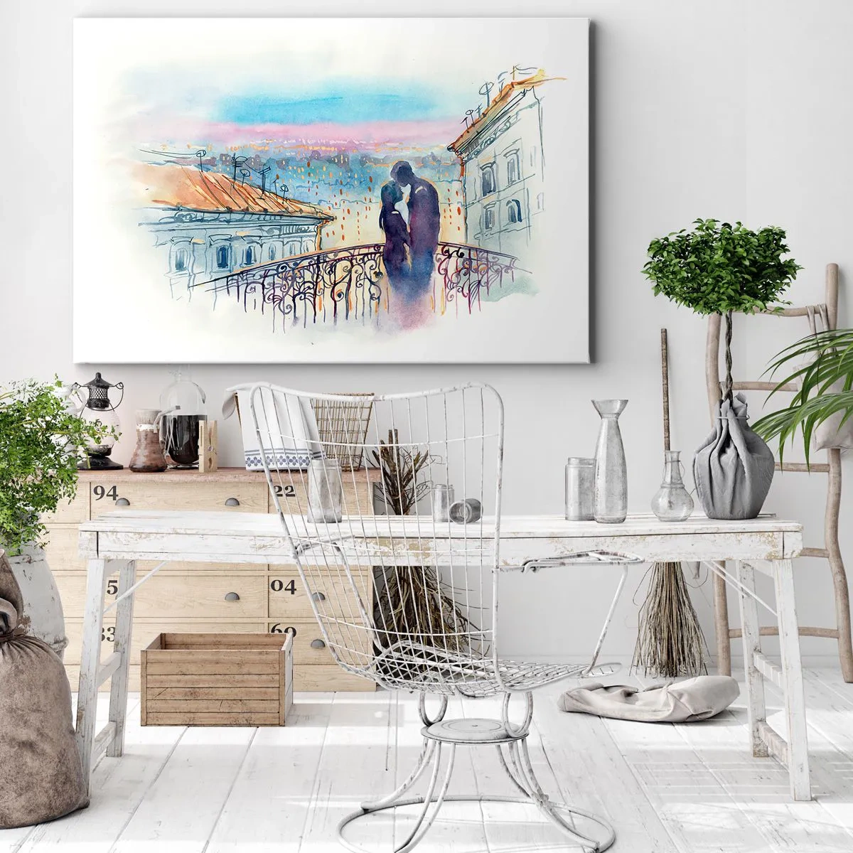Impression sur toile - Image sur toile - Couple romantique sur un balcon avec vue sur la ville - 120x80cm - Amoureux de Paris - Décoration murale moderne pour le salon et la chambre ARTTOR