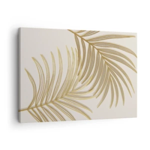 Impression sur toile - Image sur toile - Feuilles de palmier dorées sur fond clair dans un style minimaliste - 70x50cm - Palme d'or! - Décoration murale moderne pour le salon et la chambre ARTTOR