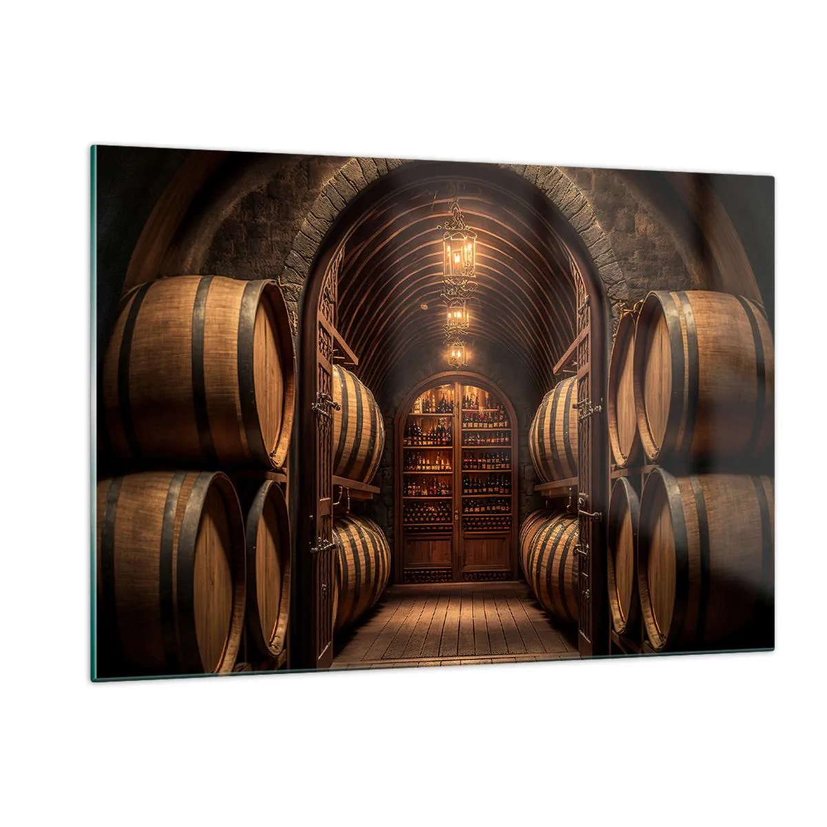 Impression sur verre - Image sur verre - Un vignoble avec des barriques et une cave éclairée pleine de bouteilles - 120x80cm - Cave climatisée - Décoration murale moderne pour le salon et la chambre ARTTOR