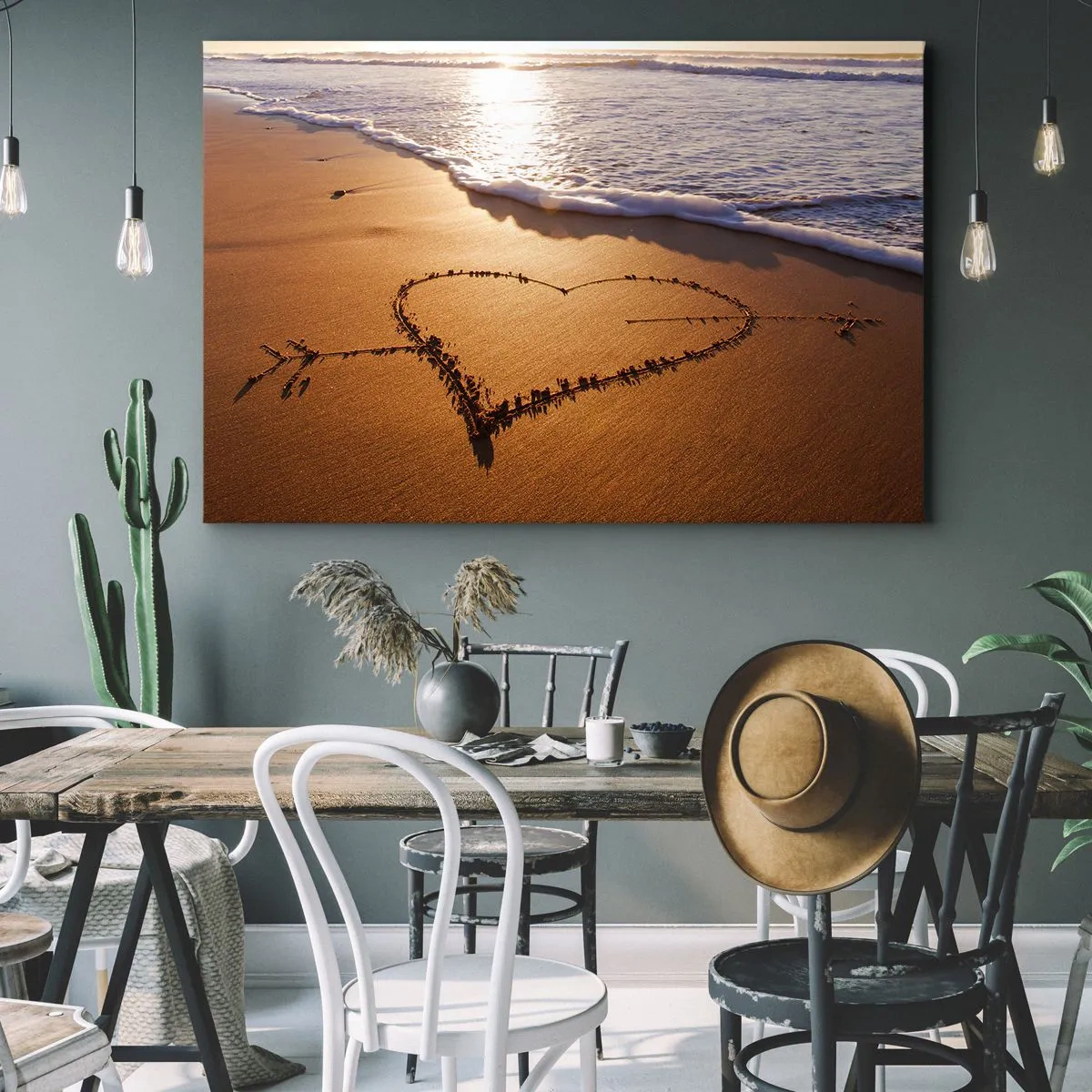 Impression sur toile - Image sur toile - Un cœur fait de sable sur la plage au coucher du soleil - 120x80cm - Confession de vacances - Décoration murale moderne pour le salon et la chambre ARTTOR
