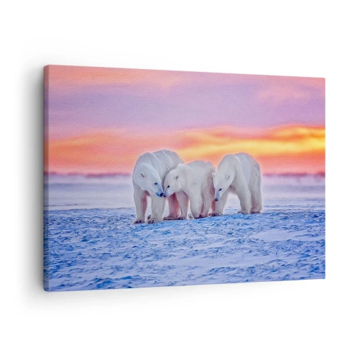 Impression sur toile - Image sur toile - Trois ours polaires sur fond de coucher de soleil arctique - 70x50cm - La chaleur familiale suffit - Décoration murale moderne pour le salon et la chambre ARTTOR