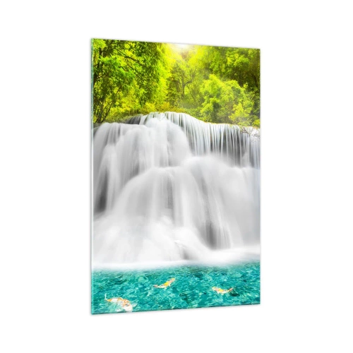 Impression sur verre - Image sur verre - Une cascade dans une forêt tropicale avec de l'eau turquoise - 70x100cm - Une cascade mousseuse du vert à l'azur - Décoration murale moderne pour le salon et la chambre ARTTOR