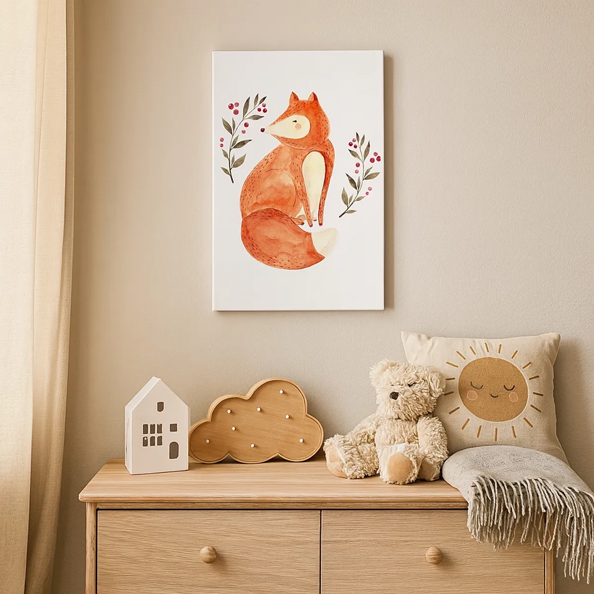 Impression sur toile - Image sur toile - Un renard aquarelle entouré de brindilles avec des baies - 50x70cm - Petit rouquin - Décoration murale moderne pour le salon et la chambre ARTTOR