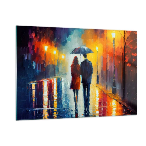 Impression sur verre - Image sur verre - Un couple sous un parapluie dans une rue nocturne colorée sous la pluie. - 120x80cm - Ensemble – une nuit colorée - Décoration murale moderne pour le salon et la chambre ARTTOR