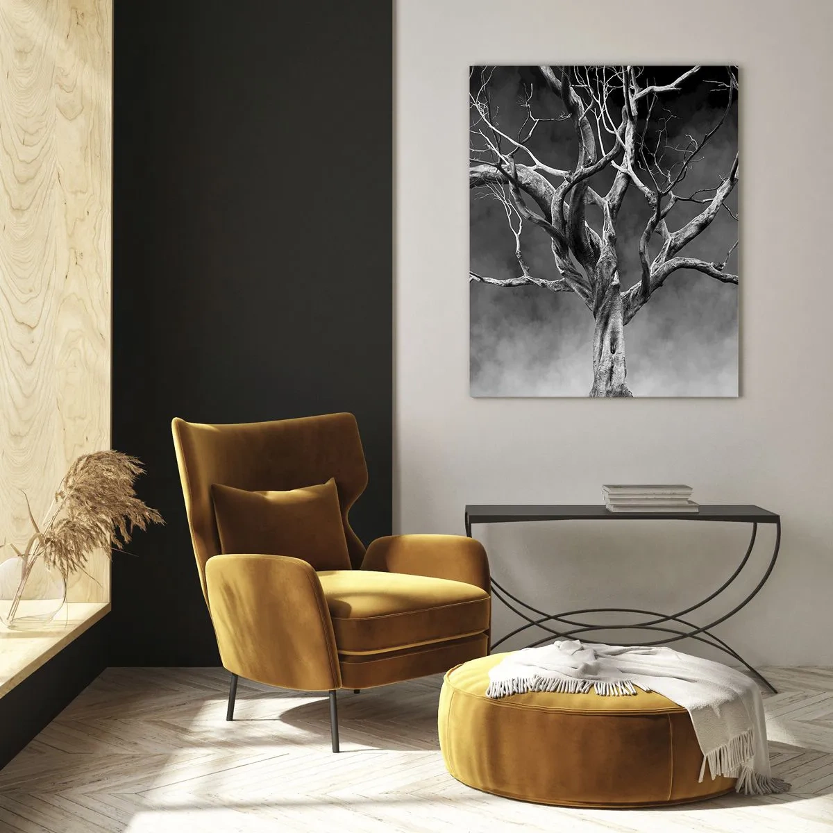 Impression sur verre - Image sur verre - Arbre noir contre le brouillard - 50x70cm - Primordial et sacré - Décoration murale moderne pour le salon et la chambre ARTTOR