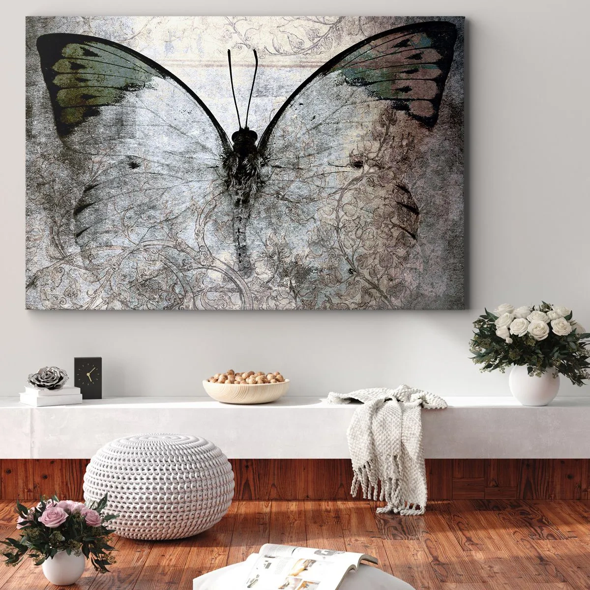 Impression sur toile - Image sur toile - Un papillon dans les tons de vert et de gris sur un fond décoratif - 100x70cm - Dans le style Art Nouveau - Décoration murale moderne pour le salon et la chambre ARTTOR