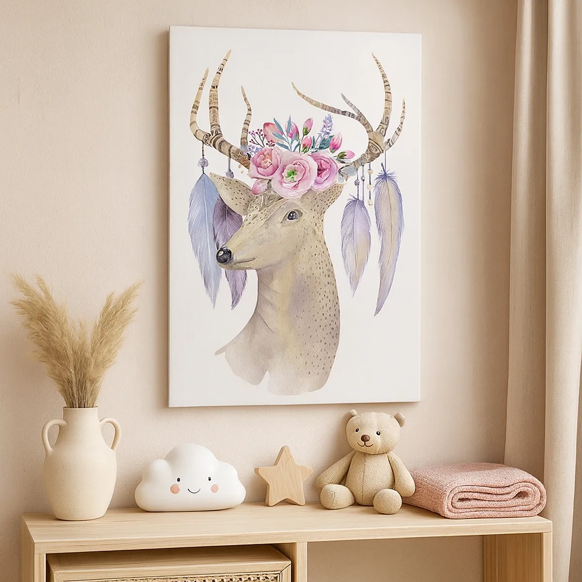 Impression sur toile - Image sur toile - Cerf romantique avec fleurs et plumes - 50x70cm - Guide de l'âme - doux, innocent - Décoration murale moderne pour le salon et la chambre ARTTOR