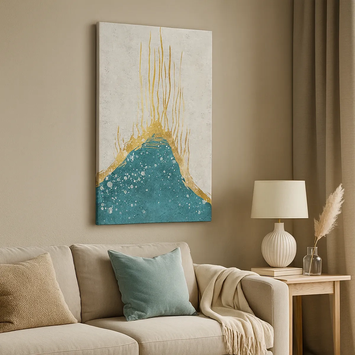 Impression sur toile - Image sur toile - Une composition abstraite dans des tons d'or et de turquoise - 50x70cm - Marée dorée - Décoration murale moderne pour le salon et la chambre ARTTOR