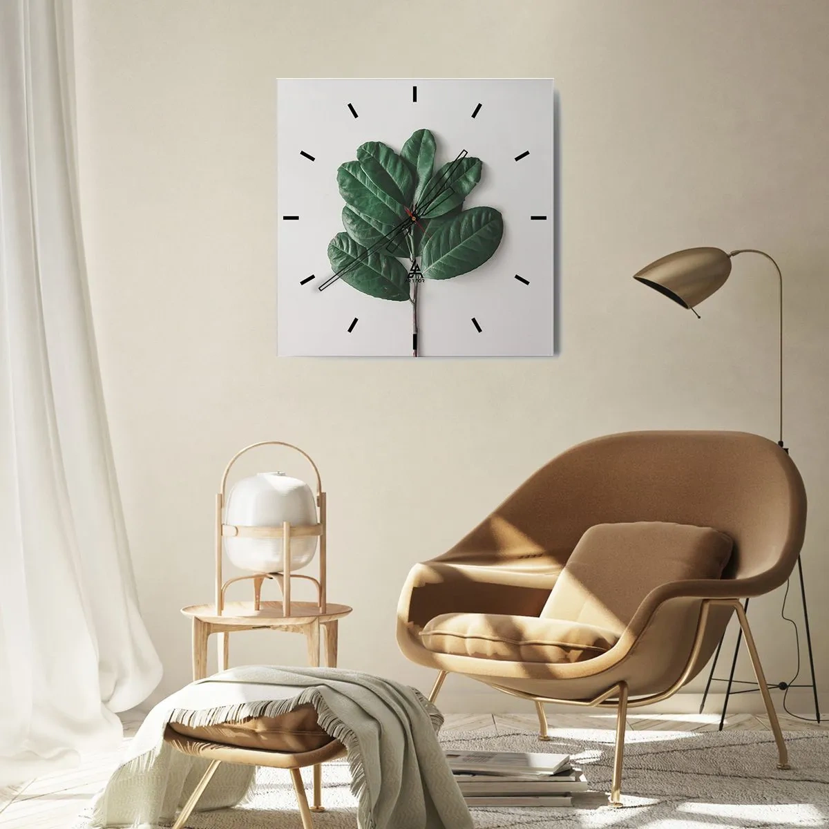 Horloge murale - Pendule murale - Un brin de feuilles vertes sur un fond clair - 30x30cm - Dessin de la nature elle-même - Décoration murale moderne pour le salon et la chambre ARTTOR