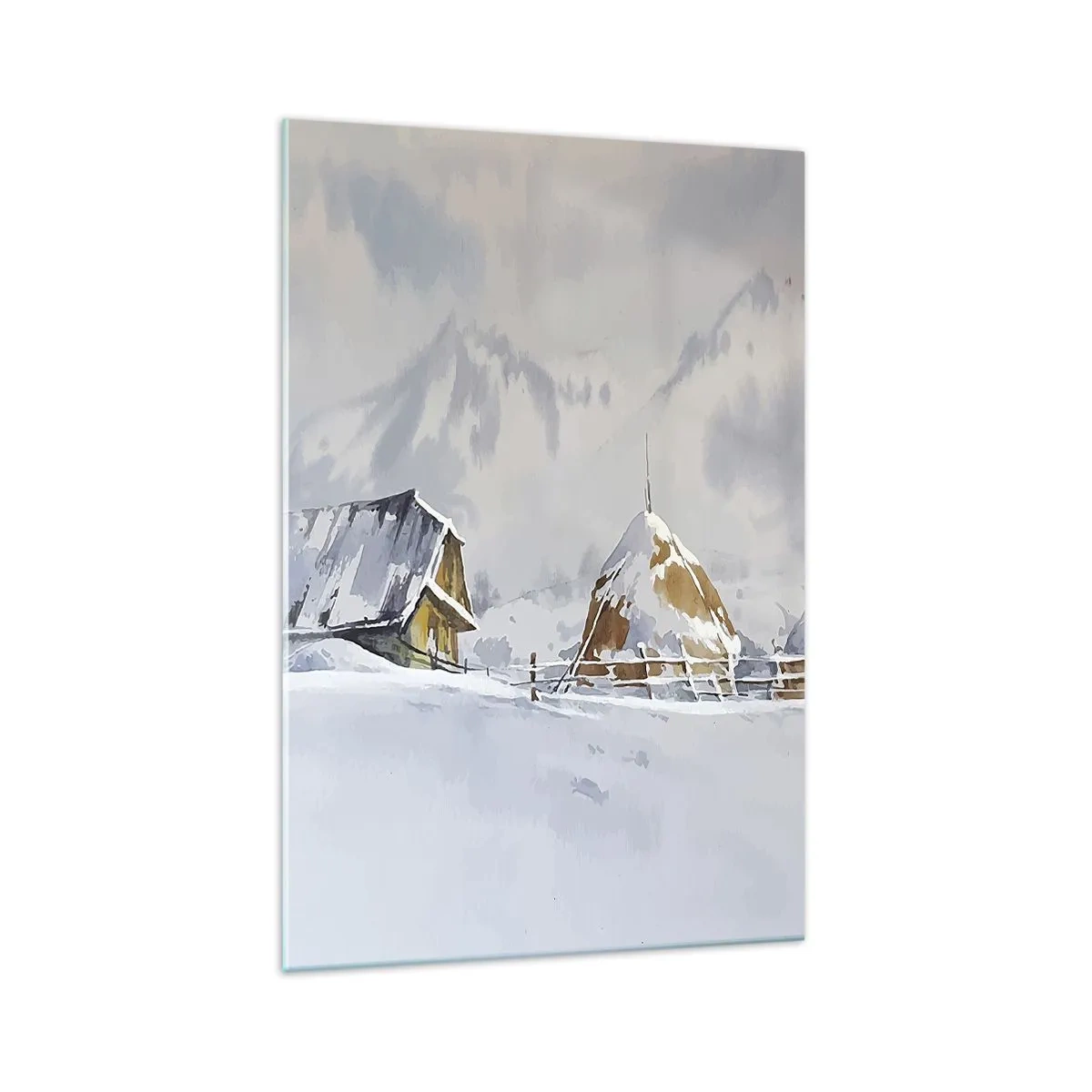 Impression sur verre - Image sur verre - Paysage d'hiver avec un chalet et des meules de foin dans les montagnes - 70x100cm - Dans une vallée enneigée - Décoration murale moderne pour le salon et la chambre ARTTOR