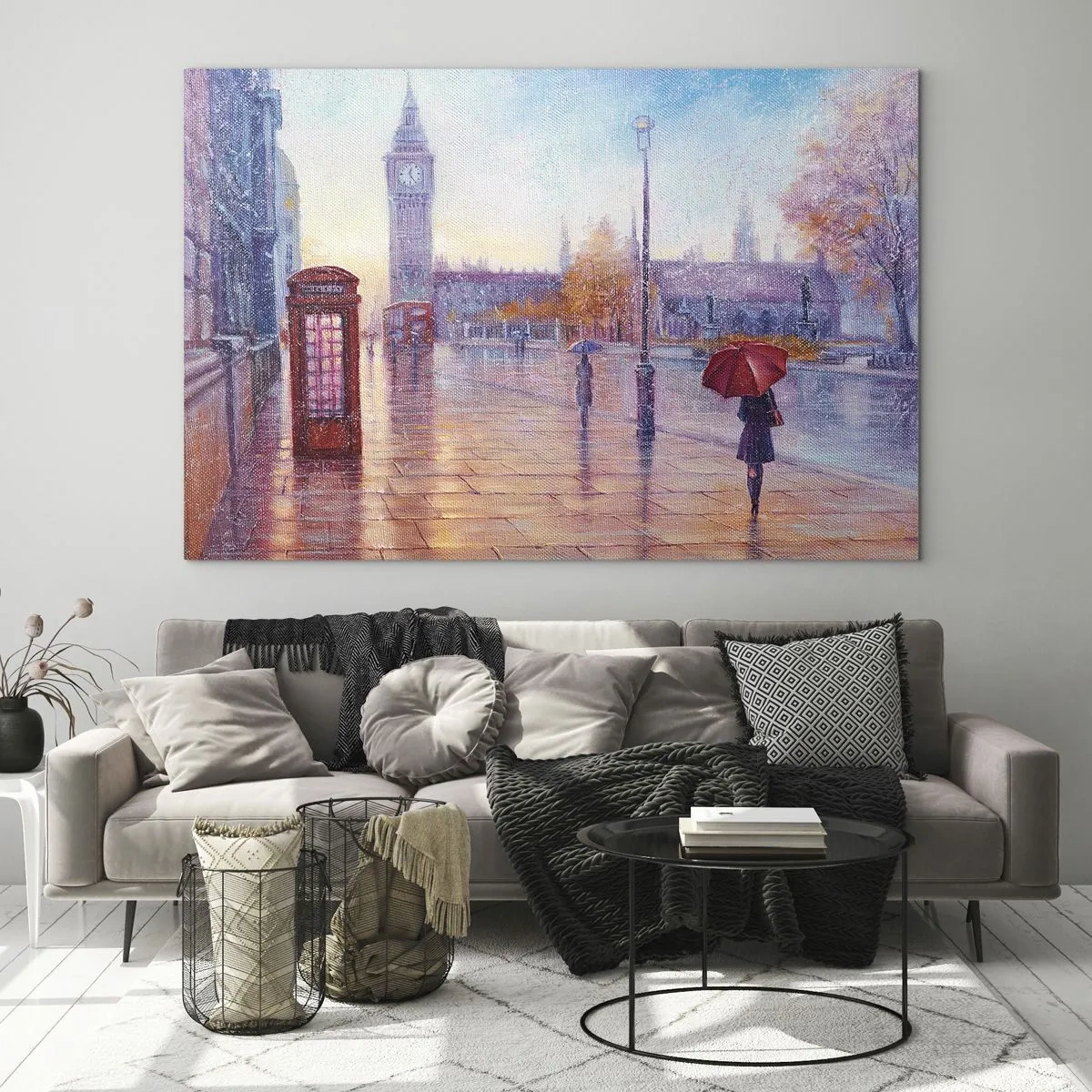 Impression sur verre - Image sur verre - Scène londonienne sous la pluie avec Big Ben et la boîte rouge - 70x50cm - Jour automnal londonien - Décoration murale moderne pour le salon et la chambre ARTTOR