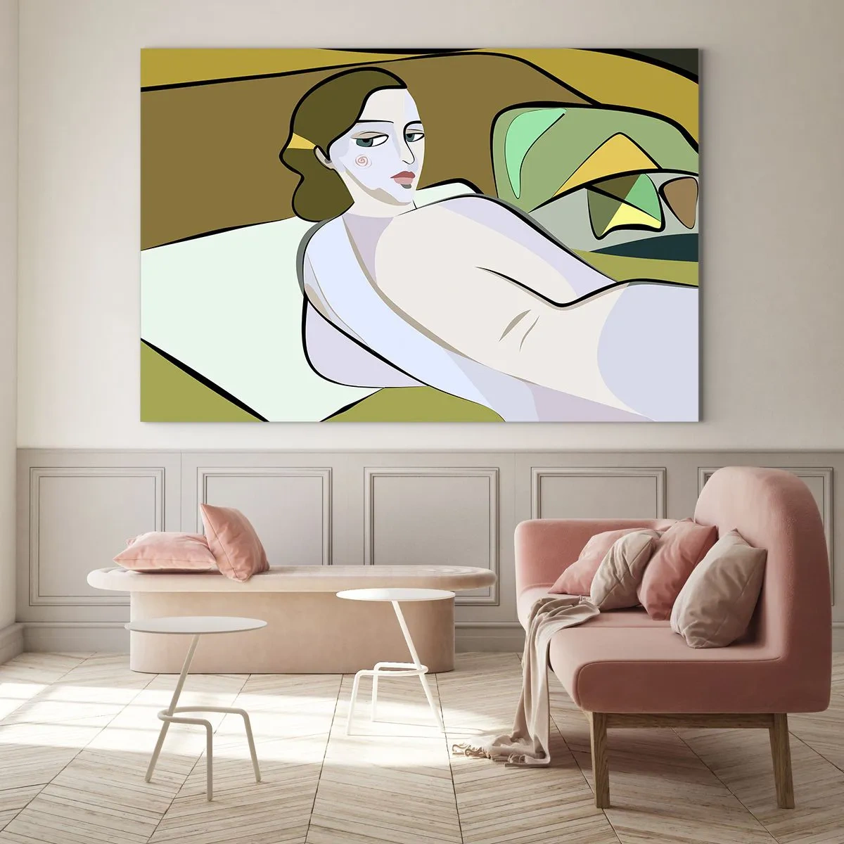 Impression sur verre - Image sur verre - Silhouette féminine dans un style abstrait avec un fond géométrique - 70x50cm - Portrait intime - Décoration murale moderne pour le salon et la chambre ARTTOR
