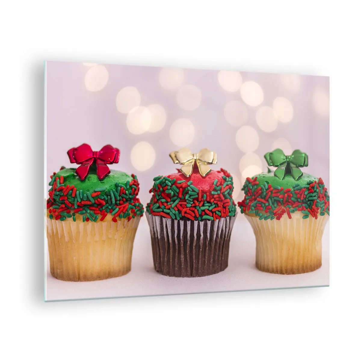 Impression sur verre - Image sur verre - Cupcakes de Noël avec décorations en forme de nœud - 70x50cm - Une sucrerie après la cocarde - Décoration murale moderne pour le salon et la chambre ARTTOR