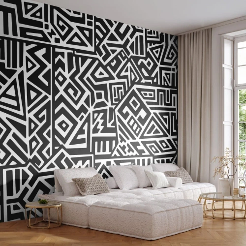 Papier Peint Photo Premium Canvas - Composition précolombienne - Abstraction, Morceau, Noir et blanc - 300x210 cm