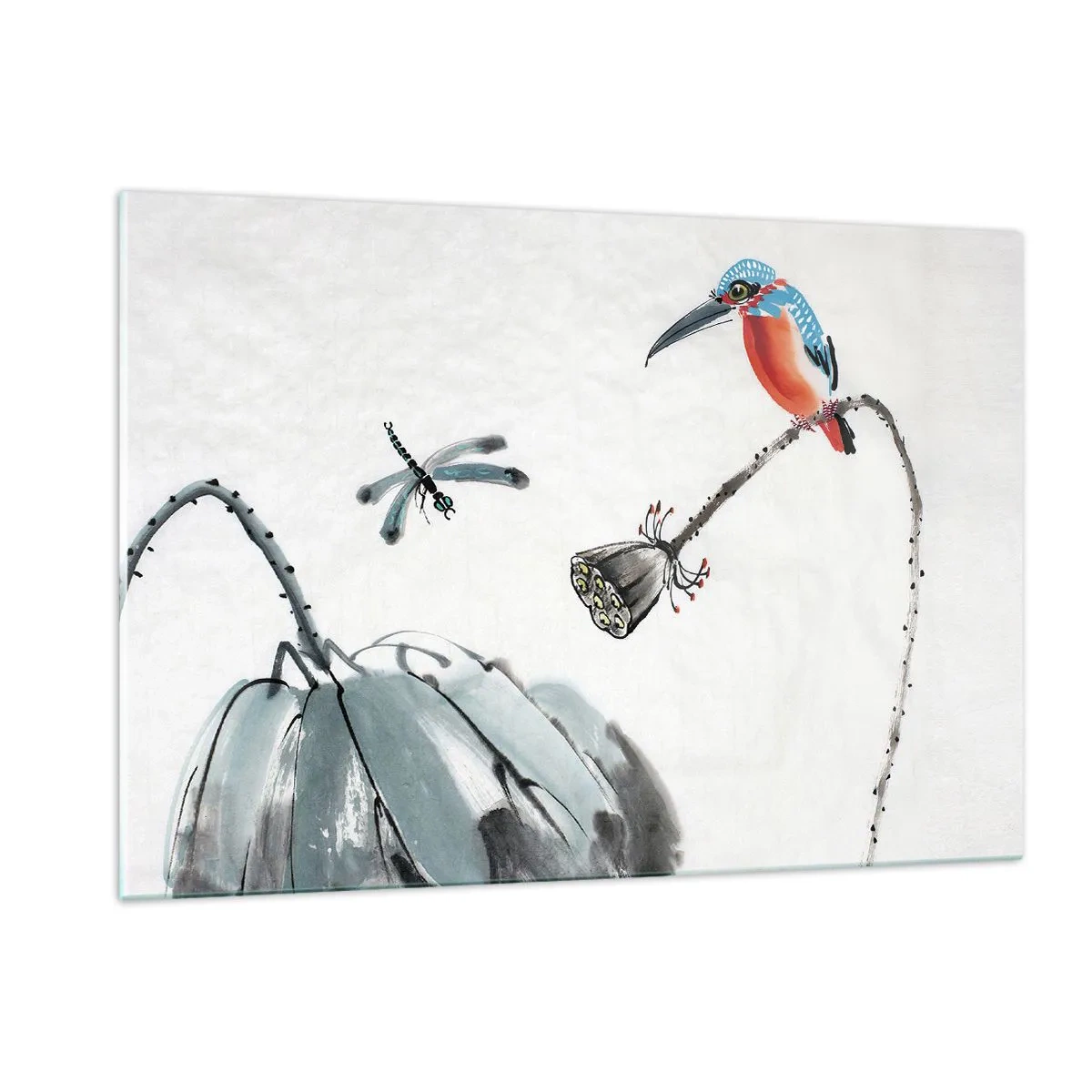 Impression sur verre - Image sur verre - Illustration d'un oiseau coloré et d'une libellule sur fond de végétation - 120x80cm - La vie du champ - Décoration murale moderne pour le salon et la chambre ARTTOR