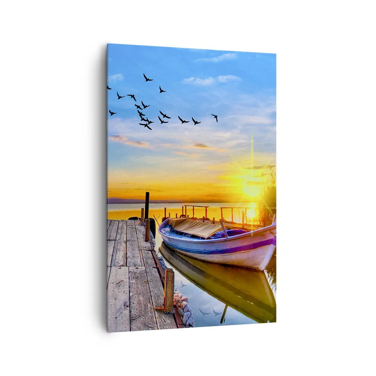 Impression sur toile - Image sur toile - Un bateau sur une jetée en bois au coucher du soleil - 80x120cm - Au revoir, à demain - Décoration murale moderne pour le salon et la chambre ARTTOR