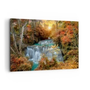 Impression sur toile - Image sur toile - Cascade d'automne entourée d'arbres colorés au soleil - 120x80cm - Trésor caché de la forêt - Décoration murale moderne pour le salon et la chambre ARTTOR