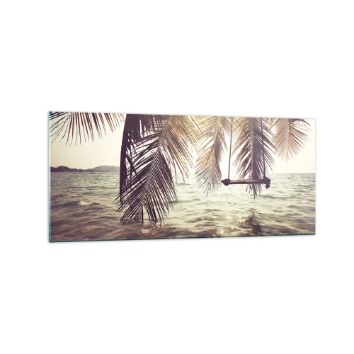 Impression sur verre - Image sur verre - Palmier avec une balançoire au-dessus de l'eau au soleil - 120x50cm - Vous pouvez vous balancer dans les nuages