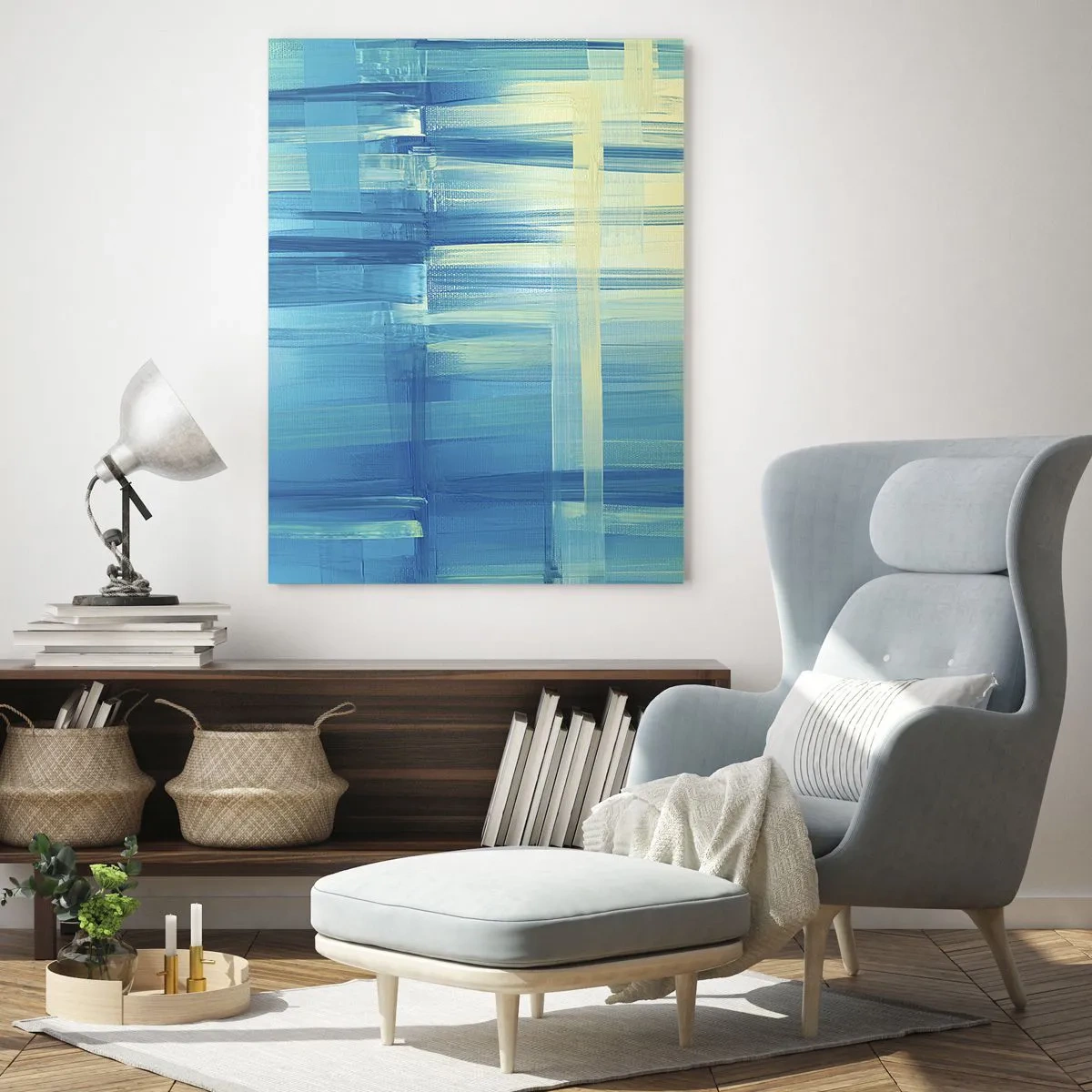 Impression sur verre - Image sur verre - Une peinture abstraite dans des tons turquoise et bleu avec des coups de pinceau géométriques. - 80x120cm - Composition en turquoise - Décoration murale moderne pour le salon et la chambre ARTTOR