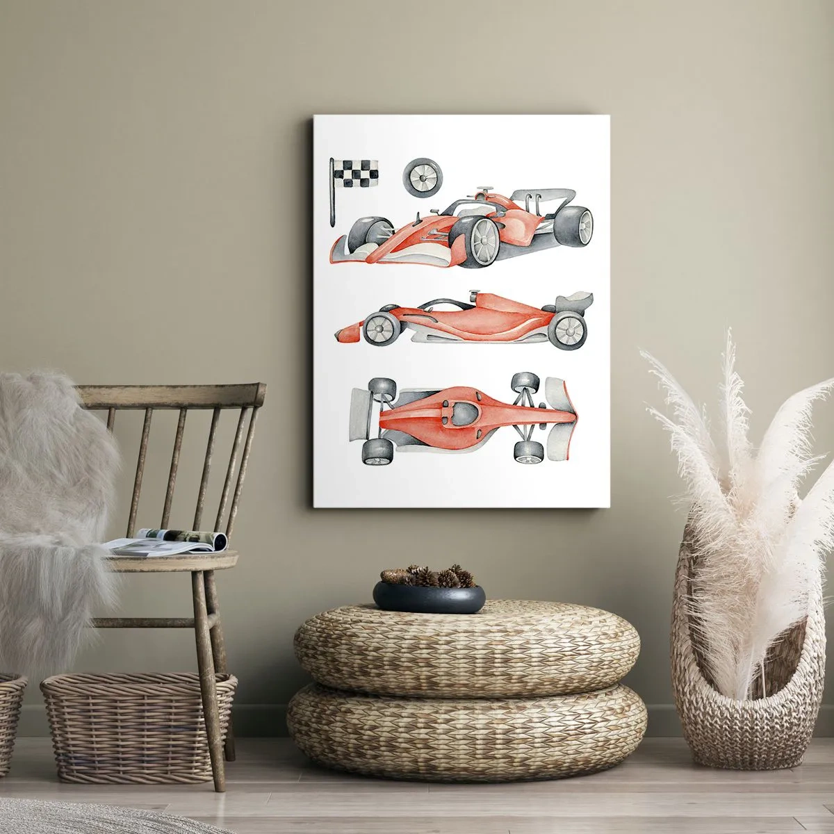 Impression sur toile - Image sur toile - Une voiture de course rouge avec un drapeau à damier - 50x70cm - poursuis ton rêve - Décoration murale moderne pour le salon et la chambre ARTTOR