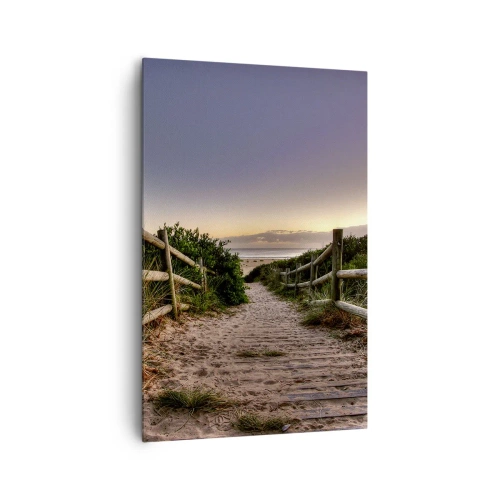 Impression sur toile - Image sur toile - Chemin en bois dans les dunes menant à la plage au coucher du soleil - 80x120cm - On voit déjà le but - Décoration murale moderne pour le salon et la chambre ARTTOR