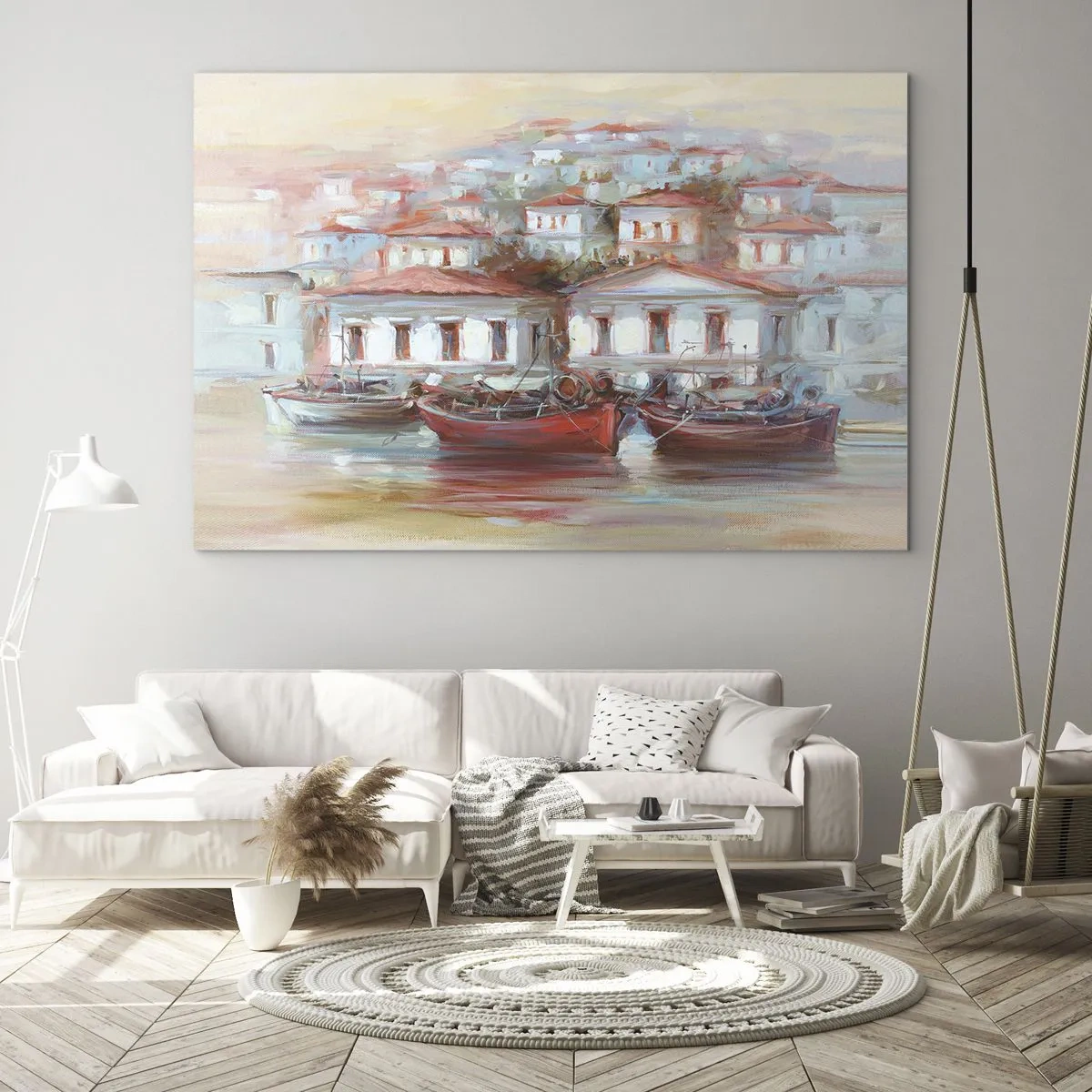 Impression sur verre - Image sur verre - Une ville pittoresque avec des bateaux dans le port au coucher du soleil - 100x70cm - Petite ville heureuse - Décoration murale moderne pour le salon et la chambre ARTTOR