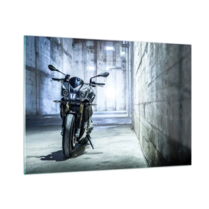 Impression sur verre - Image sur verre - Une moto dans un intérieur industriel avec des murs en béton - 100x70cm - Avant que le moteur ne rugisse - Décoration murale moderne pour le salon et la chambre ARTTOR