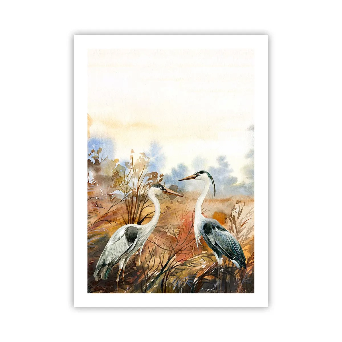 Affiche - Poster - Grues sur fond de paysage d'automne à l'aquarelle - 50x70cm - Jusqu'où en automne ? - Décoration murale moderne pour le salon et la chambre ARTTOR