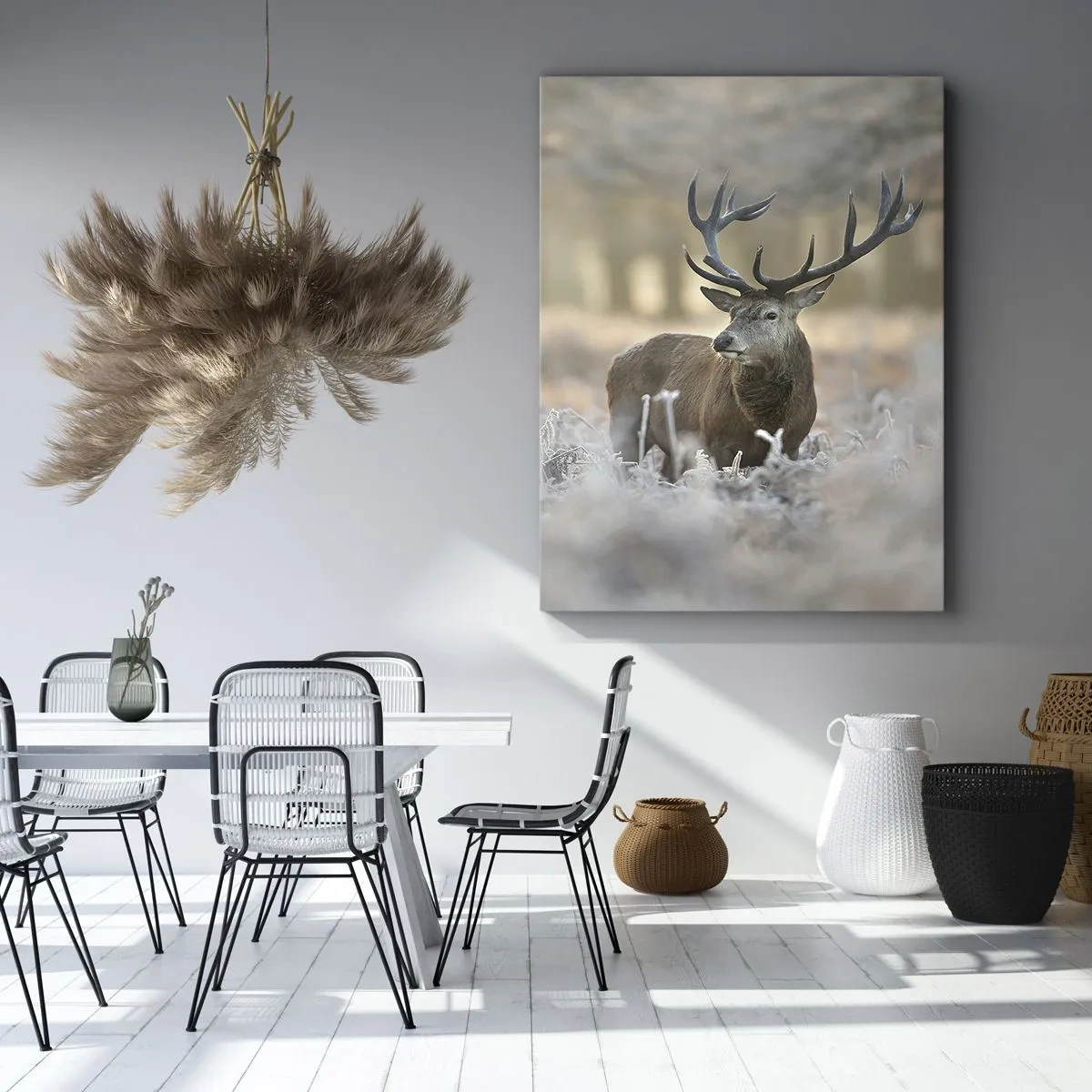 Impression sur toile - Image sur toile - Un cerf dans une clairière givrée dans une forêt hivernale aux couleurs subtiles - 70x100cm - Une matinée animée - Décoration murale moderne pour le salon et la chambre ARTTOR