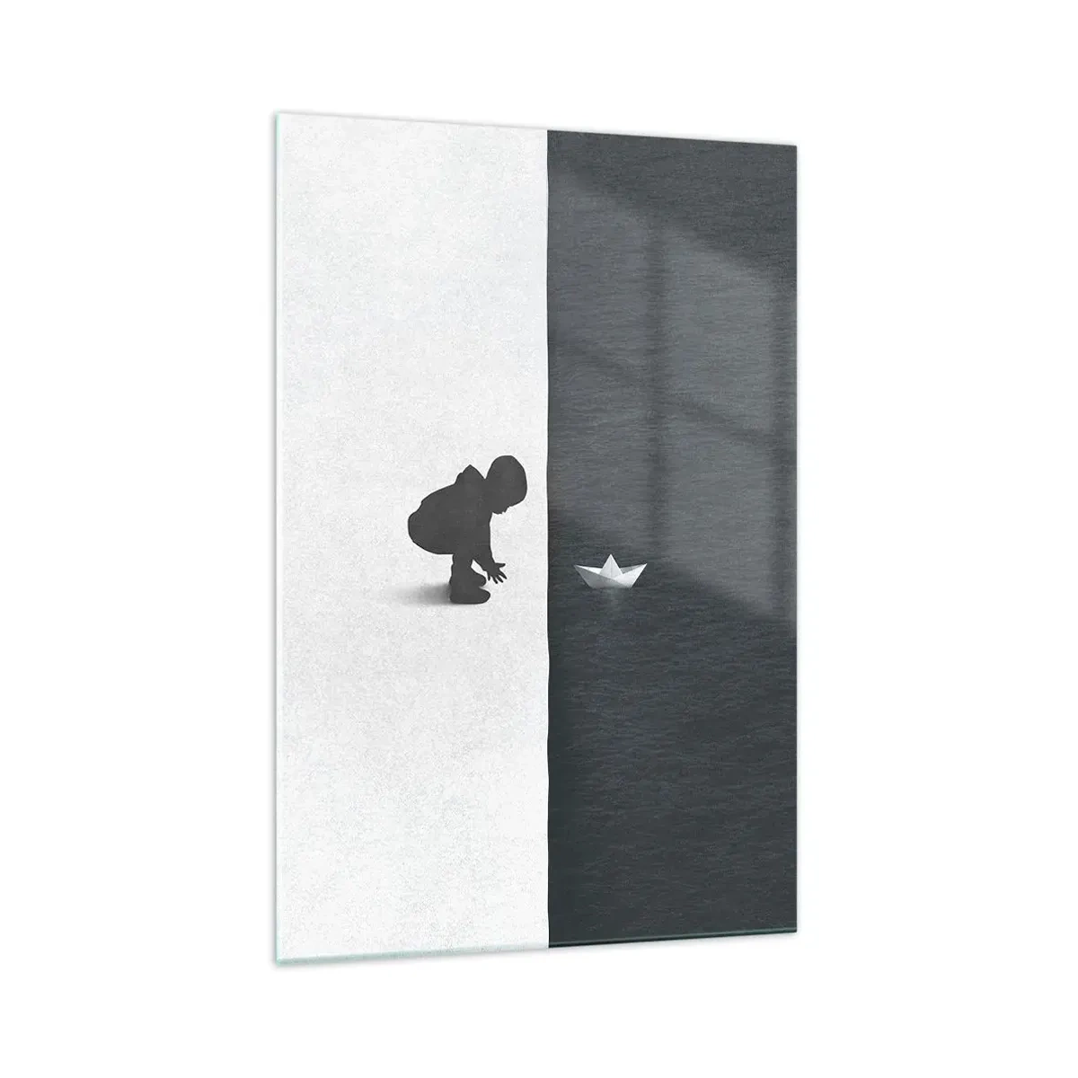Impression sur verre - Image sur verre - Une figure d'enfant avec un bateau en papier sur un fond de moitiés contrastées - 70x100cm - Grande expédition - Décoration murale moderne pour le salon et la chambre ARTTOR