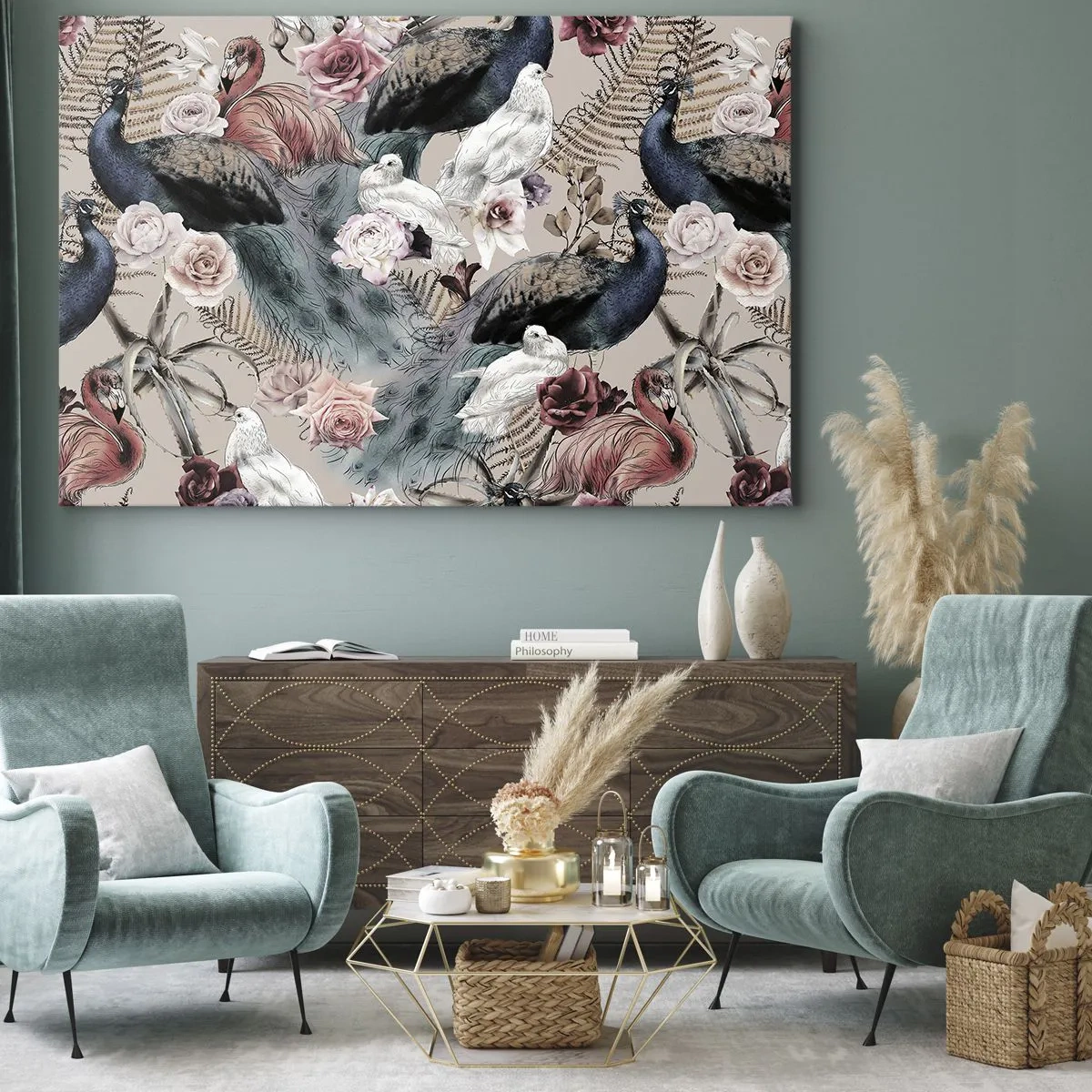 Impression sur toile - Image sur toile - Un paysage avec des plumes de paon, des roses et des oiseaux dans un style romantique. - 100x70cm - Dans un jardin de palace - Décoration murale moderne pour le salon et la chambre ARTTOR