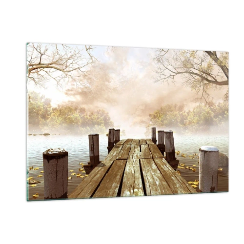 Impression sur verre - Image sur verre - Une jetée en bois sur un lac calme dans le brouillard - 120x80cm - La douce tristesse de l'automne - Décoration murale moderne pour le salon et la chambre ARTTOR