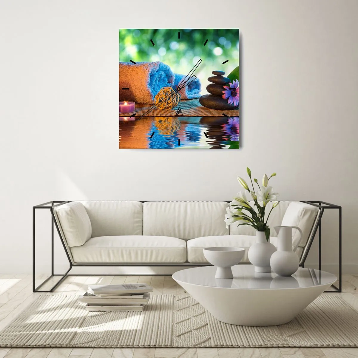 Horloge murale - Pendule murale - Ensemble SPA relaxant avec serviettes, bougies et pierres - 30x30cm - Temps pour le corps - Décoration murale moderne pour le salon et la chambre ARTTOR