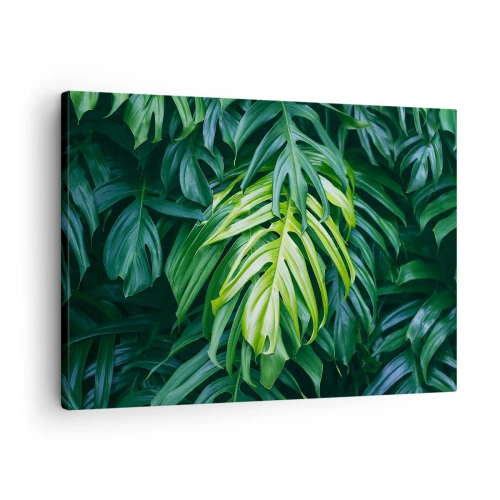Impression sur toile - Image sur toile - Feuilles vertes dans un arrangement tropical dense - 70x50cm - Immergez-vous dans la fraîcheur - Décoration murale moderne pour le salon et la chambre ARTTOR