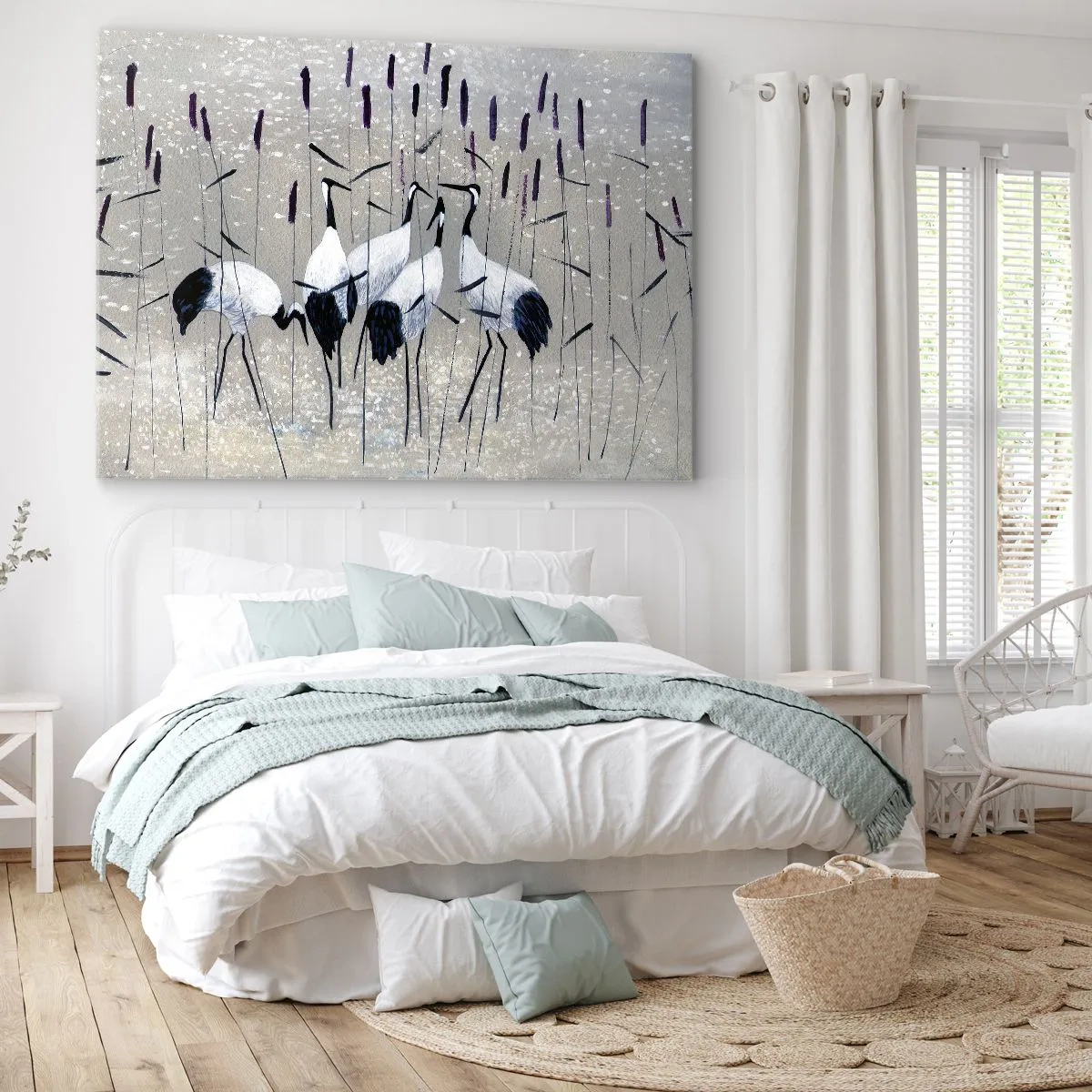 Impression sur toile - Image sur toile - Hérons dans l'herbe sur un fond paisible - 70x50cm - Parmi les siens - Décoration murale moderne pour le salon et la chambre ARTTOR